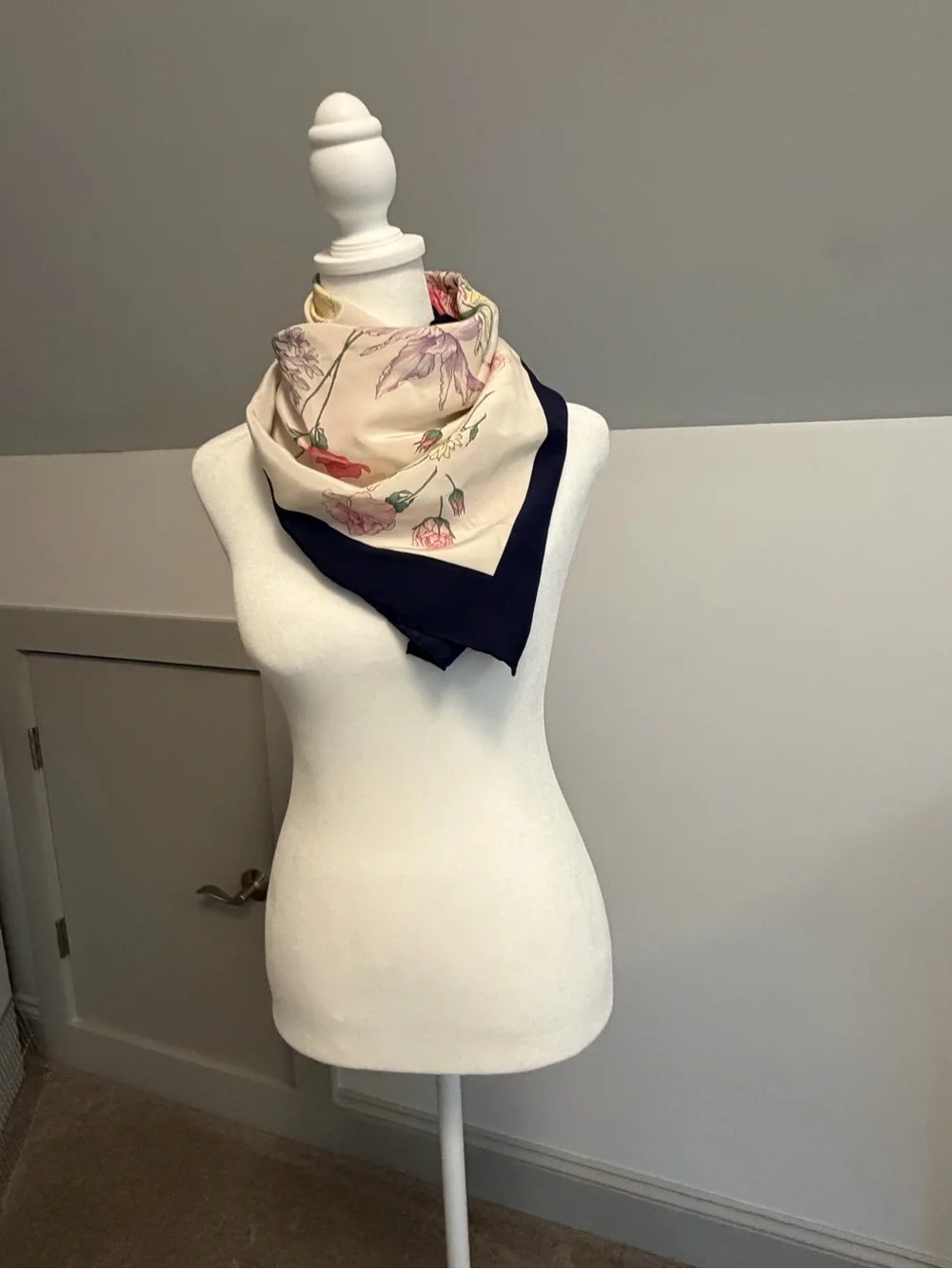 Christian Dior Vintage Floral Silk Square Scarf Navy Blue Cream Botanical Large